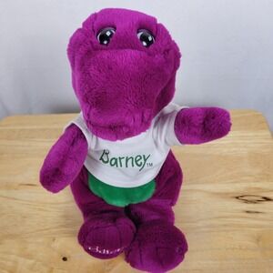 Vintage 90s Barney the Dinosaur Plush Toy Wearing White T-Shirt 1992 Lyons Group